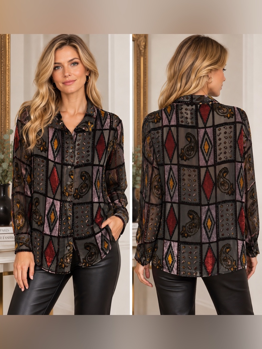 Vintage Genuine Black Silk Devore Velvet Geometric Paisley Button-Front Blouse